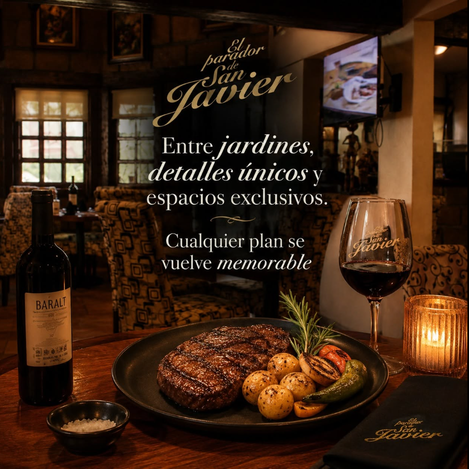 Material de marca proporcionado: plato, copa y vela en el Parador